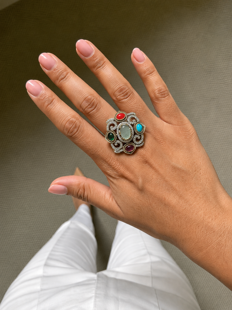Miha Mint Multicolour Kundan Statement Ring