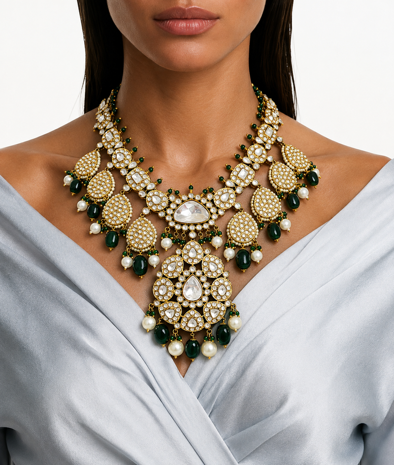 Maharani Rumiya & Mehreen Emerald, Ruby, Diamond, Pearls & Moissanite Polki Kundan Necklace Set (2 Necklaces, 2 Earrings & 1 Maang Tikka)
