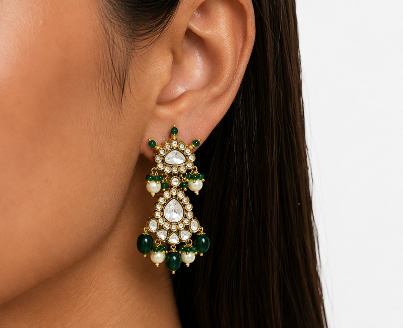 Maharani Rumiya & Mehreen Emerald, Ruby, Diamond, Pearls & Moissanite Polki Kundan Necklace Set (2 Necklaces, 2 Earrings & 1 Maang Tikka)