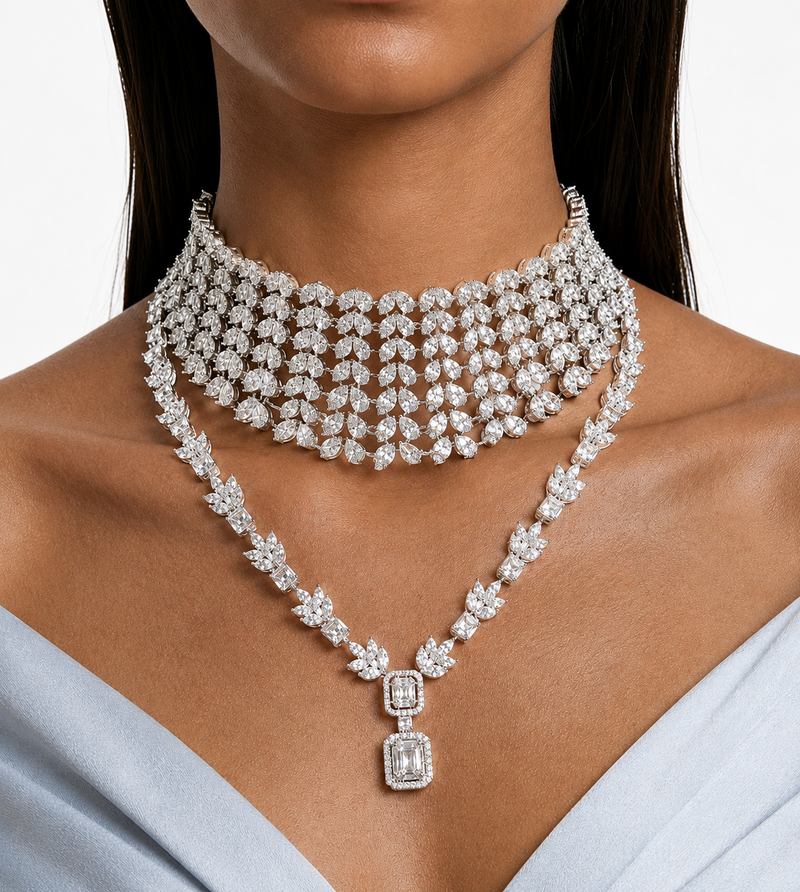 Maharani The Whisper Square Drop Diamond-Like Zircon Compressed Setting Statement Necklace Set & Heart & Diamond Necklace Set (2 Necklace & 2 Earrings)