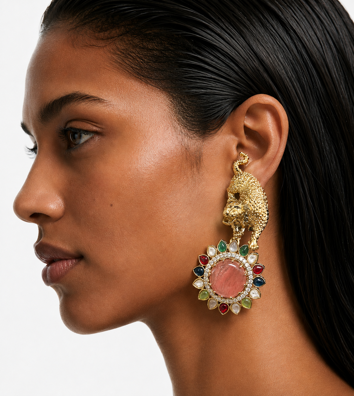 Cleo Peach Multicolour Leopard Drop Statement Earrings