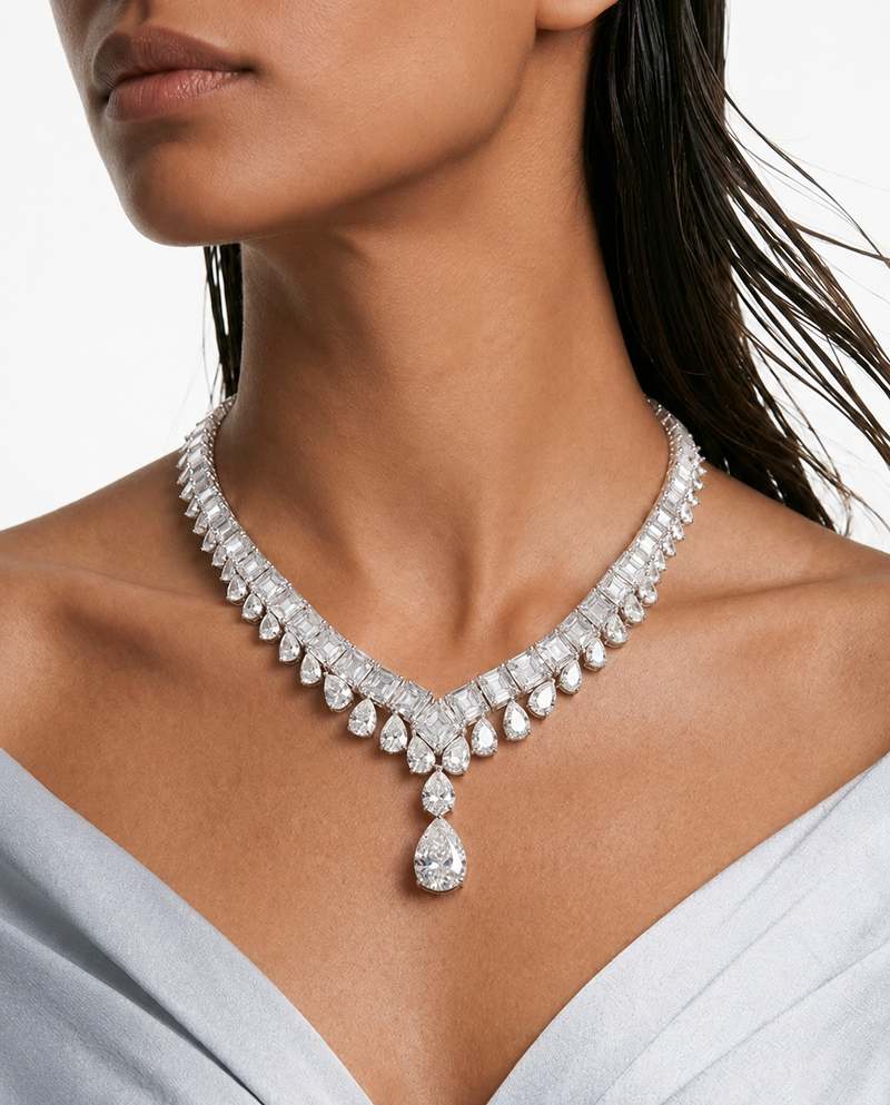 Maharani Heart & Diamond & Basma Diamond Drop Pendant Necklace Set t (2 Necklaces & 2 Earrings)