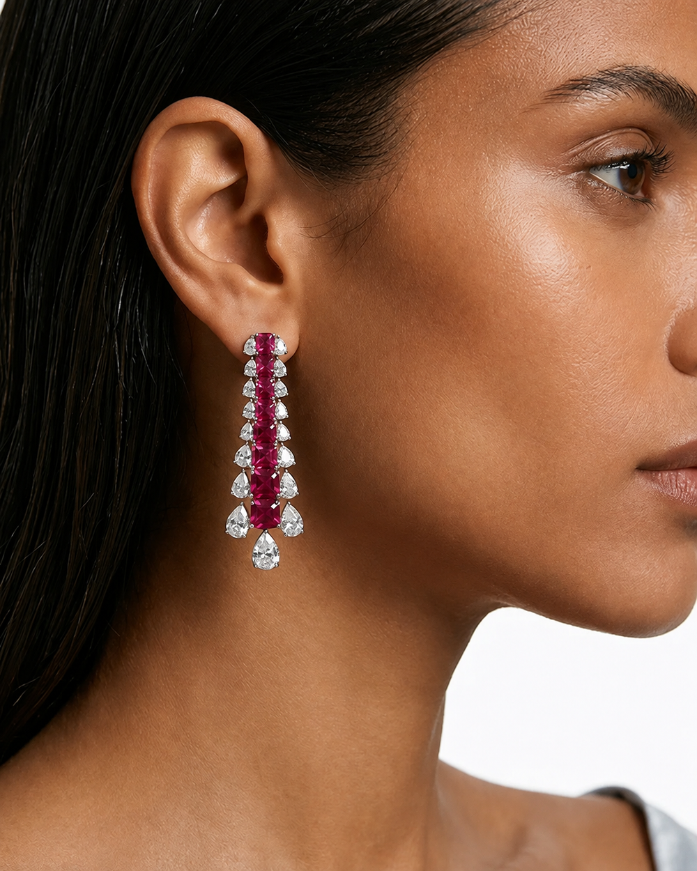 Basma Ruby and Diamond-Like Zircon Drop Pendant Statement Necklace Set (Necklace & Earrings)