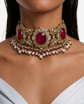 Jawaria Ruby, Pearls & Moissanite Polki Kundan with Zircon Diamond Detailing Statement Luxe Necklace Set (Necklace & Earrings)