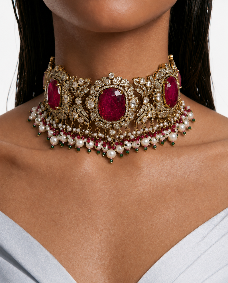 Jawaria Ruby, Pearls & Moissanite Polki Kundan with Zircon Diamond Detailing Statement Luxe Necklace Set (Necklace & Earrings)