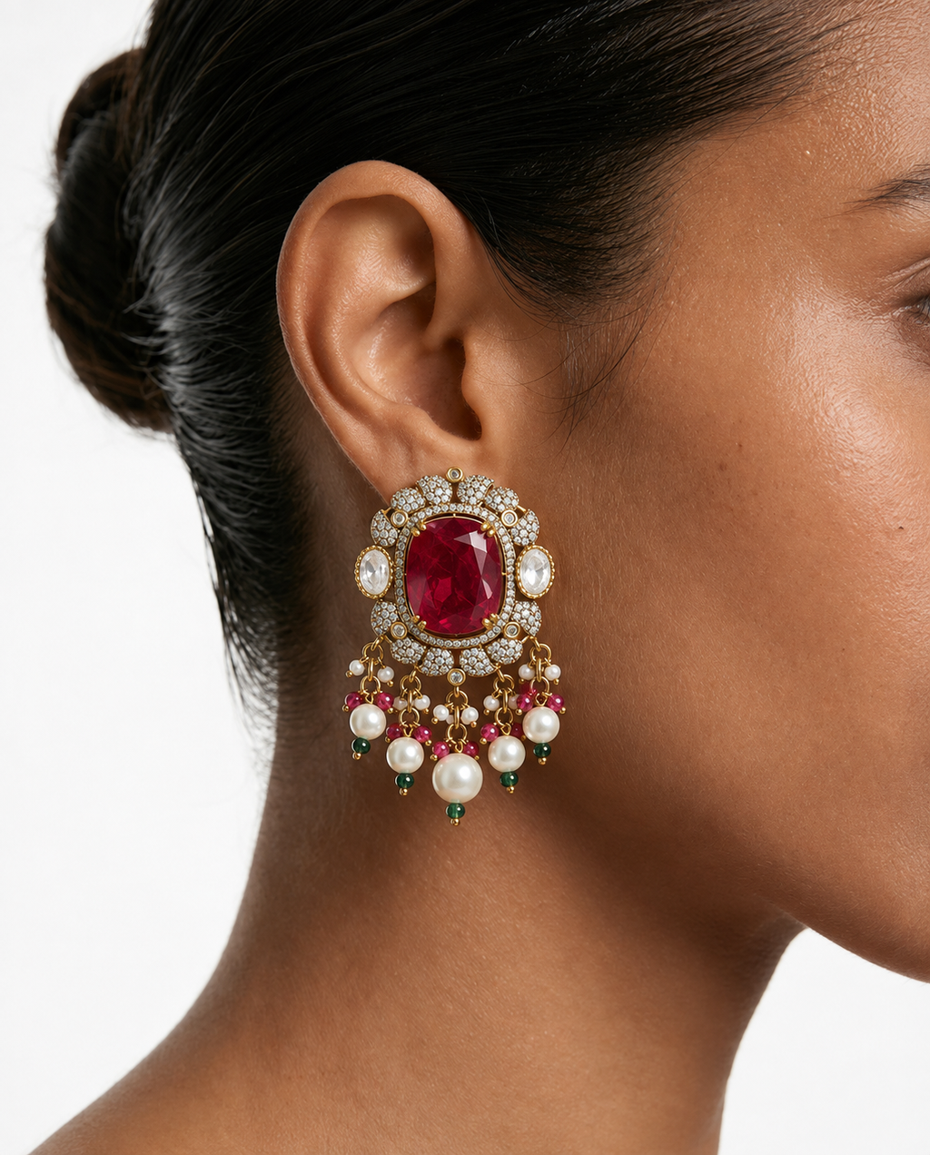 Jawaria Ruby, Pearls & Moissanite Polki Kundan with Zircon Diamond Detailing Statement Luxe Necklace Set (Necklace & Earrings)