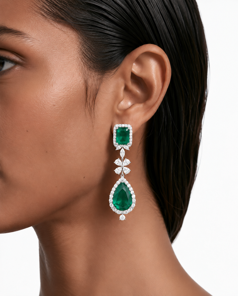 Avela Emerald Diamond-Like Zircon Drop Necklace Set (Necklace & Earrings)