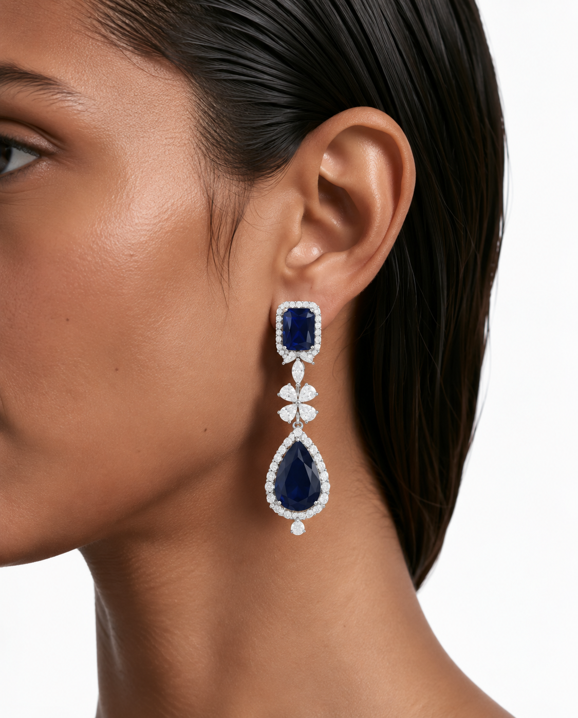 Avela Sapphire Diamond-Like Zircon Drop Necklace Set (Necklace & Earrings)