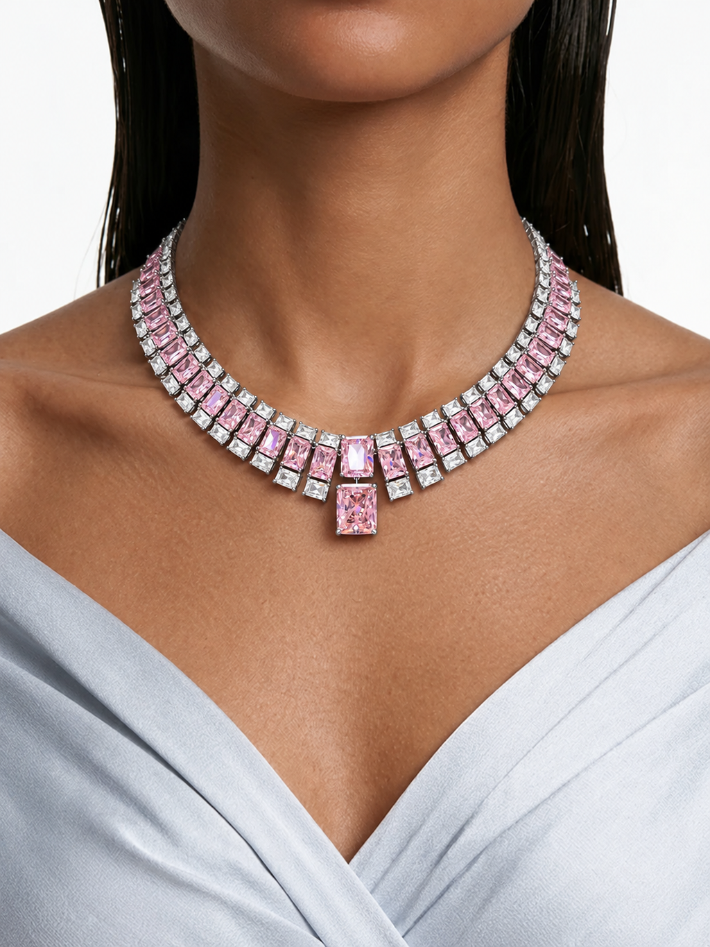 Auri roze vierkante druppel diamantachtige zirkoon kettingset (ketting en oorbellen)