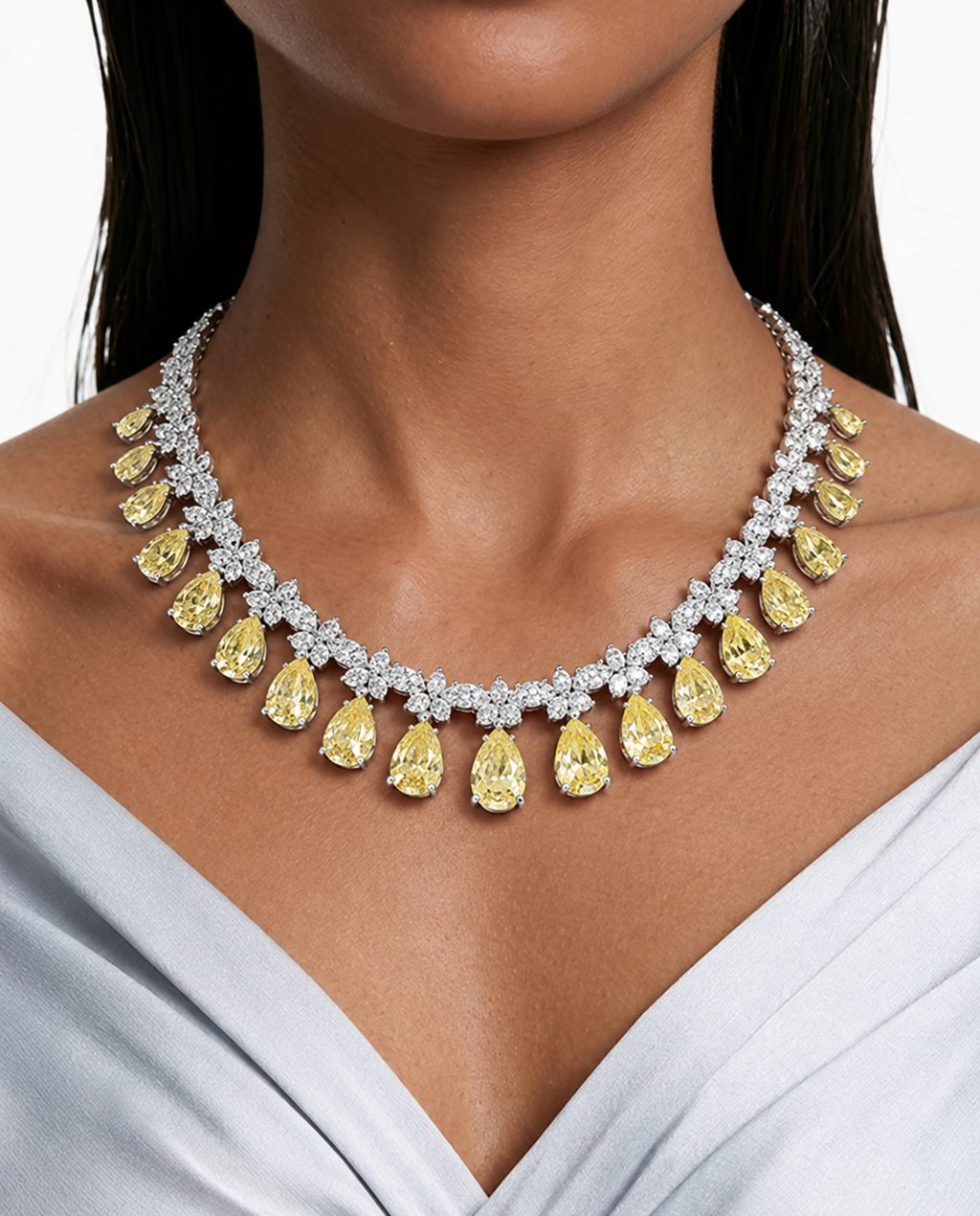 Zevina Citrine Pear Drop Diamond-Like Zircon Necklace Set (Necklace & Earrings)