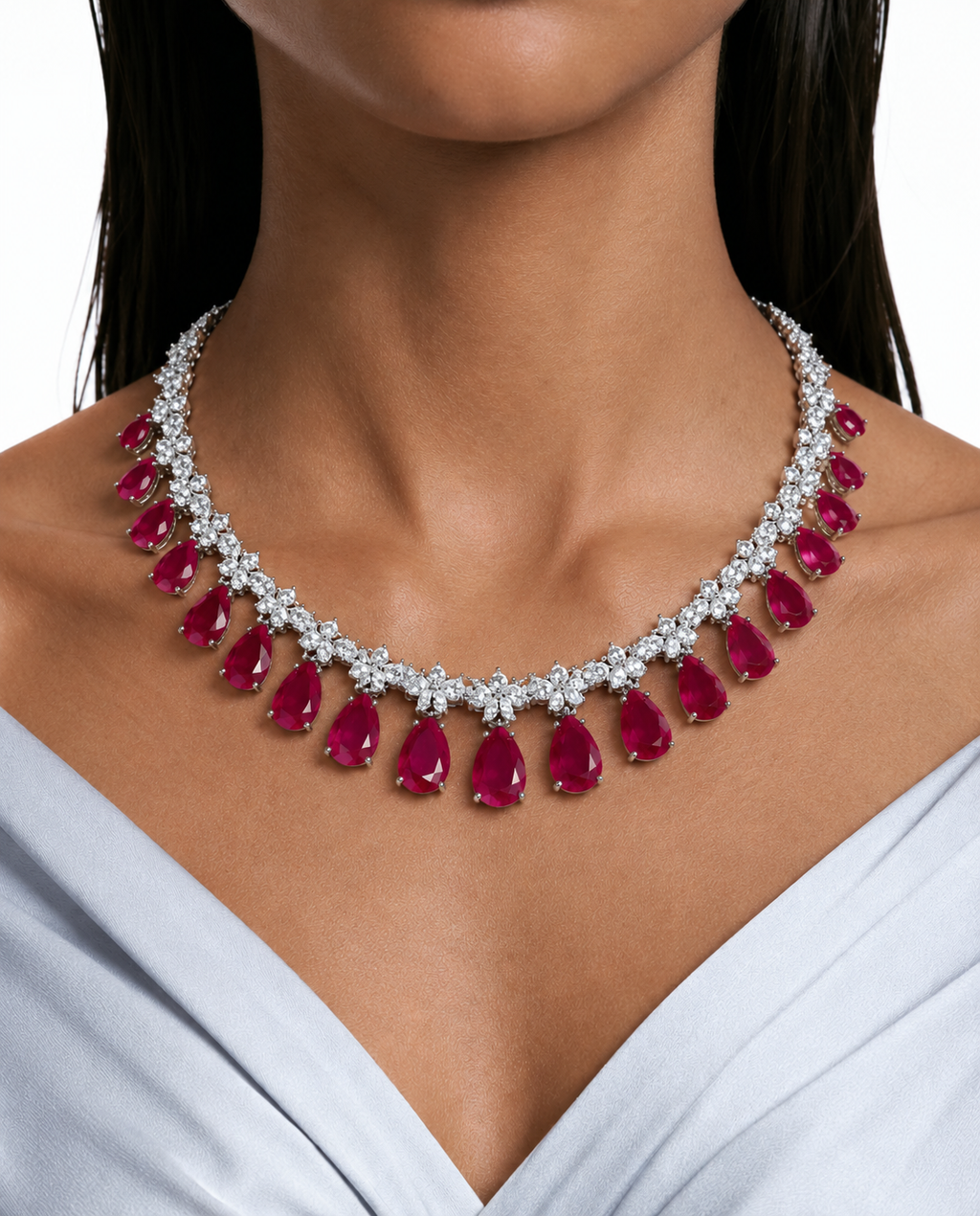 Zevina Ruby Pear Drop Diamond-Like Zircon Necklace Set (Necklace & Earrings)