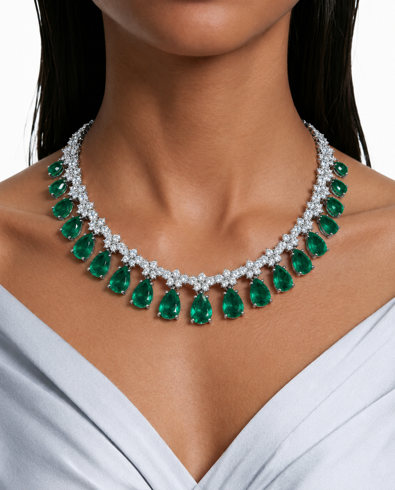 Zevina Emerald Pear Drop Diamond-Like Zircon Necklace Set (Necklace & Earrings)