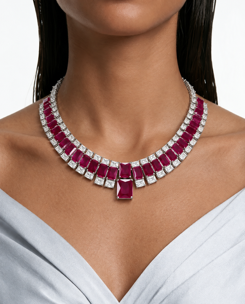 Auri Ruby Square Drop Diamond-Like Zircon Necklace Set (Necklace & Earrings)