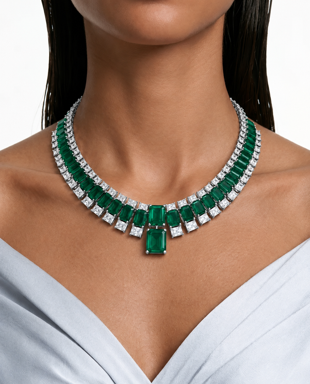 Auri Emerald Square Drop Diamond-Like Zircon Necklace Set (Necklace & Earrings)