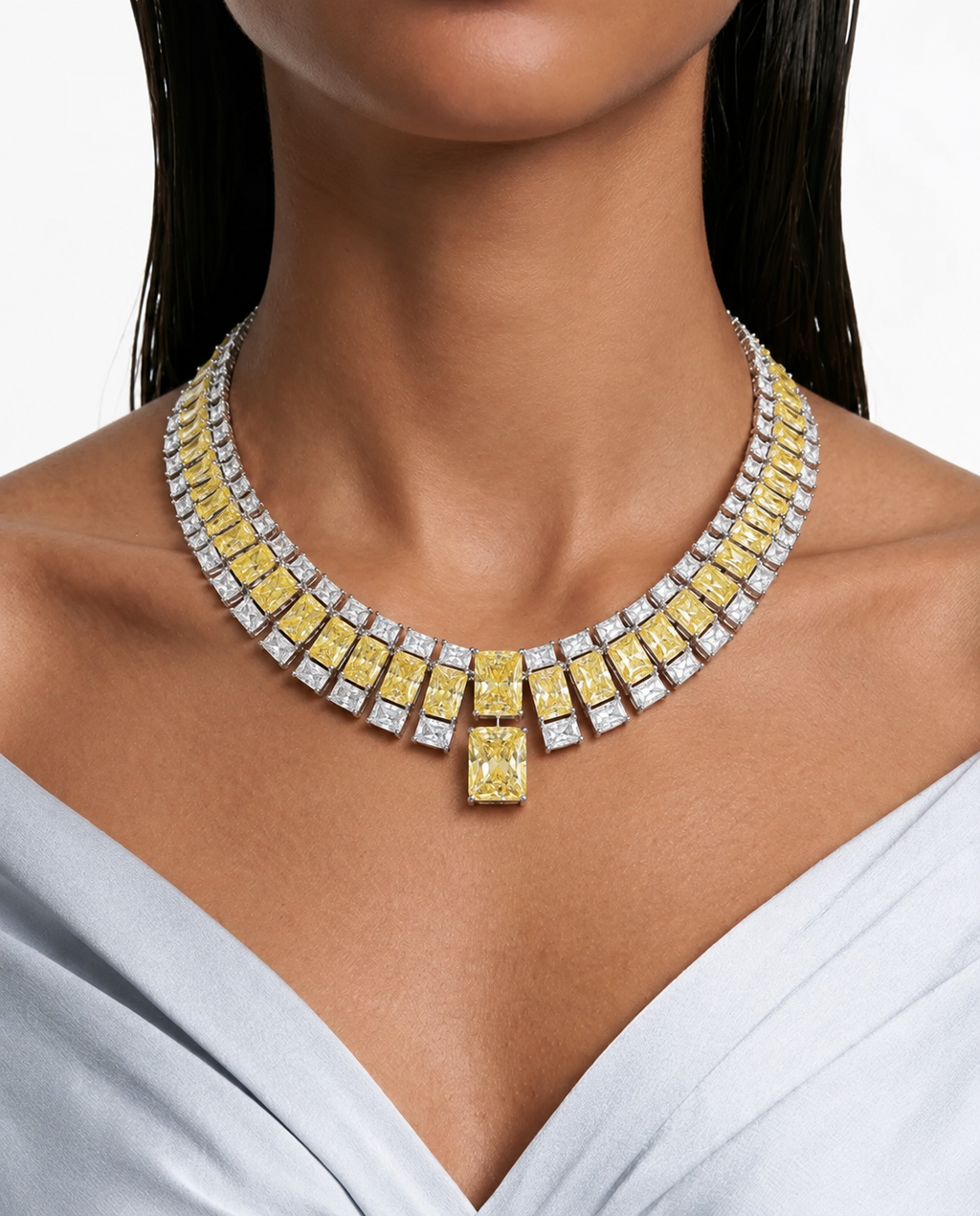 Auri Citrine Square Drop Diamond-Like Zircon Necklace Set (Necklace & Earrings)