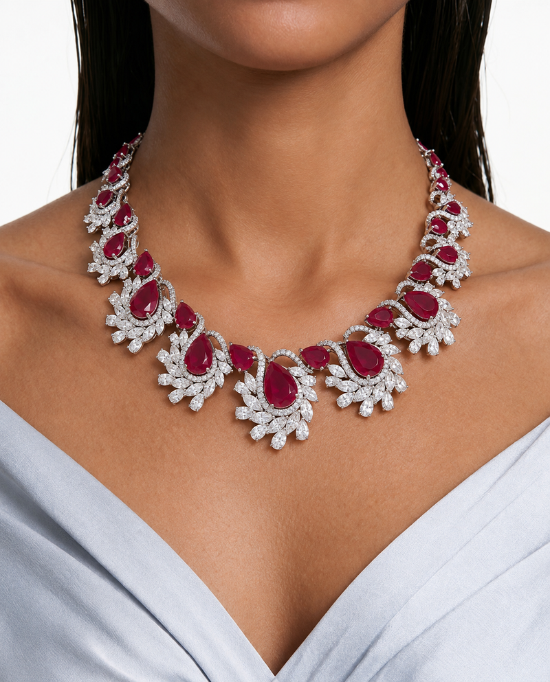 Ava Ruby Pear & Leaf Diamond-Like Zircon Necklace Set (Necklace & Earrings)