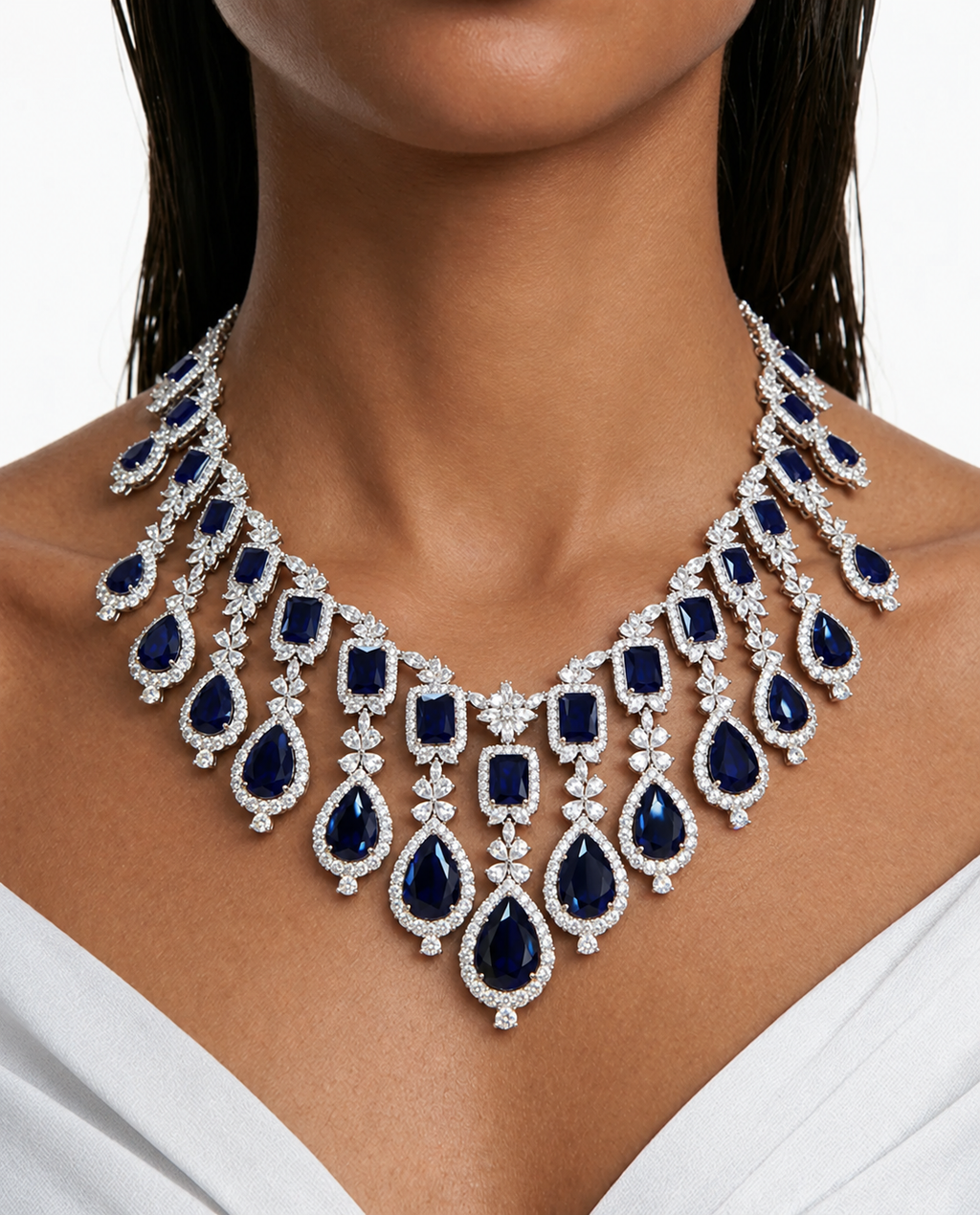 Avela Sapphire Diamond-Like Zircon Drop Necklace Set (Necklace & Earrings)