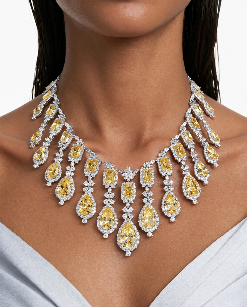 Avela Citrine Drop Necklace Set – citrine doublet and 5A CZ, rhodium plated – front view | PRERTO