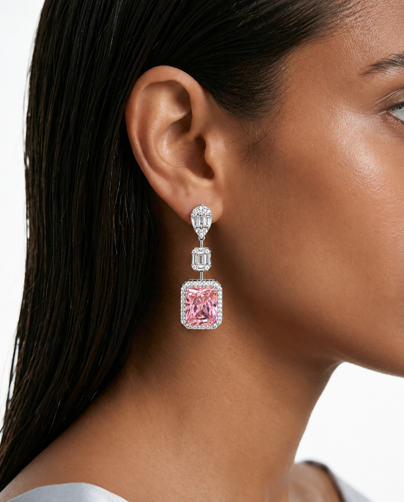 Maharani Pink Cushion Cut with Zircon Detailing and Large Pink Stone & Rumi Pink Cushion Drop Diamond-Like Zircon Necklace Set (2 Necklaces & 2 Earrings)