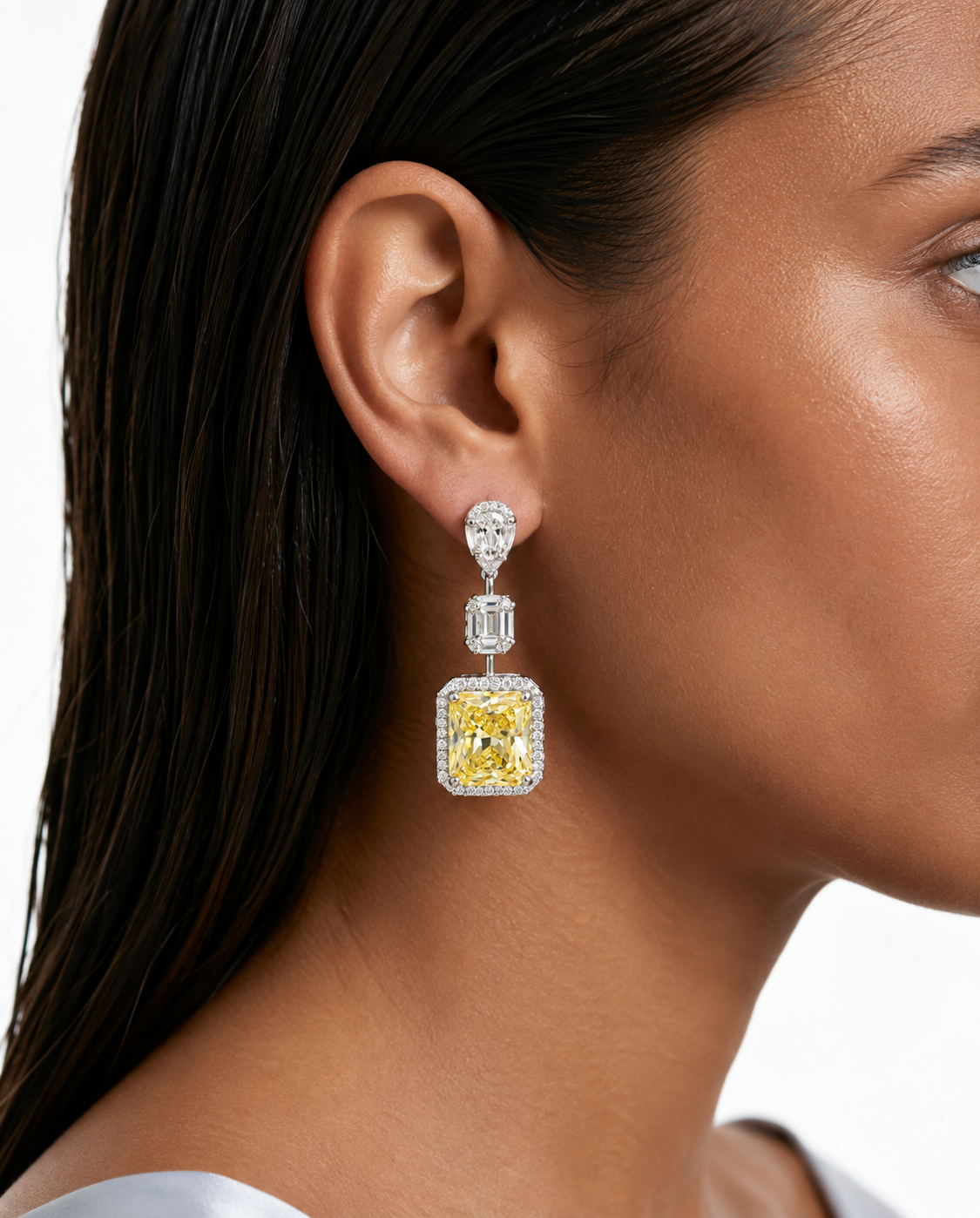 Rumi Citrine Cushion Drop Diamond-Like Zircon Necklace Set (Necklace & Earrings)