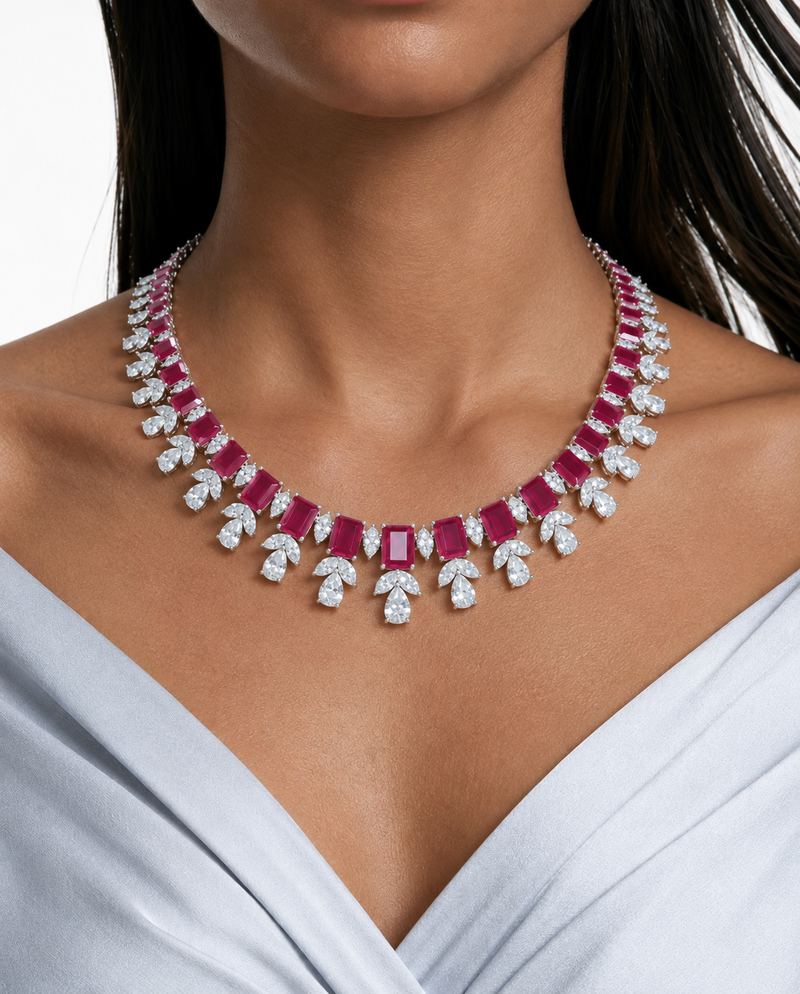 Niva Ruby Leaf Drop Diamond-Like Zircon Necklace Set (Necklace & Earrings)
