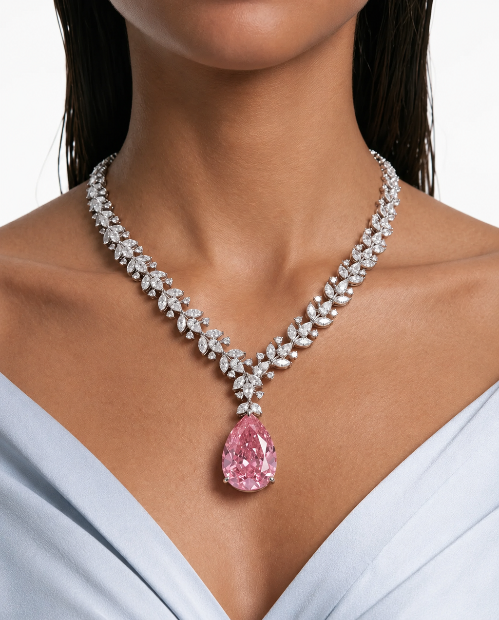 Eman Diamond-Like Zircon Pink Drop Pendant Necklace Set – Necklace & Earrings