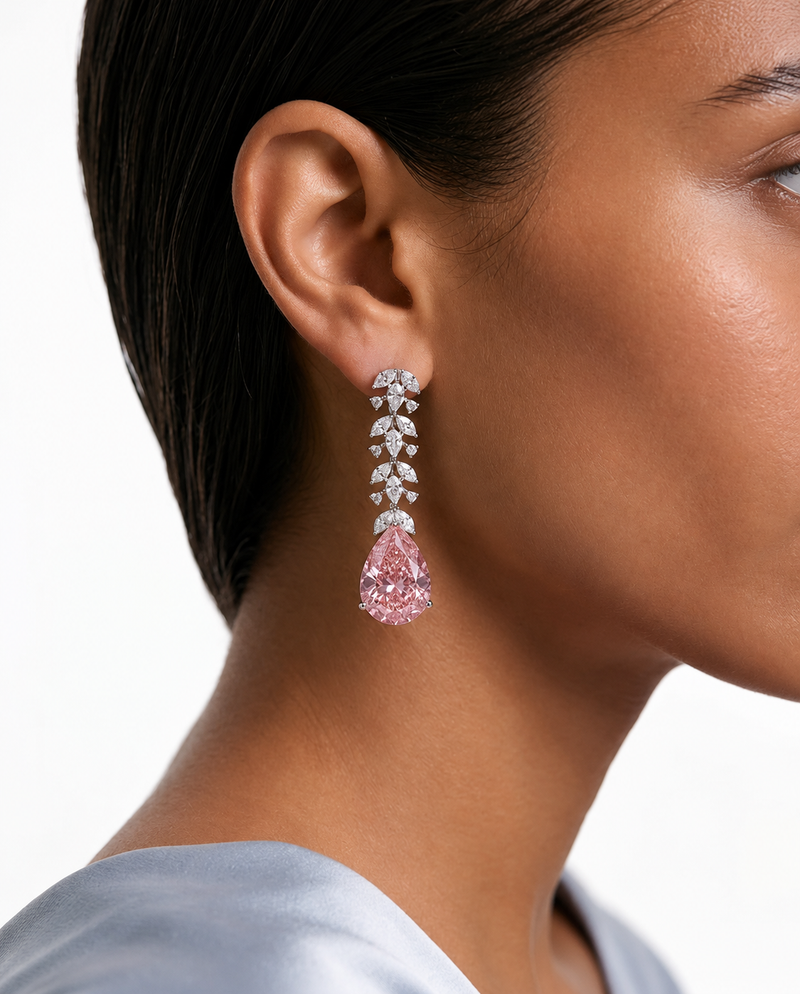 Maharani Eman Diamond-Like Zircon Pink Drop Pendant & Avela Pink Diamond-Like Zircon Drop & Niva Pink Leaf Drop Diamond-Like Zircon Necklace Set (3 Necklaces & 3 Earrings)