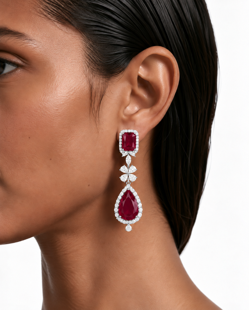 Maharani Vana Ruby Pear Drop Diamond-Like Zircon & Avela Ruby Diamond-Like Zircon Drop Necklace Set (2 Necklaces & 2 Earrings)