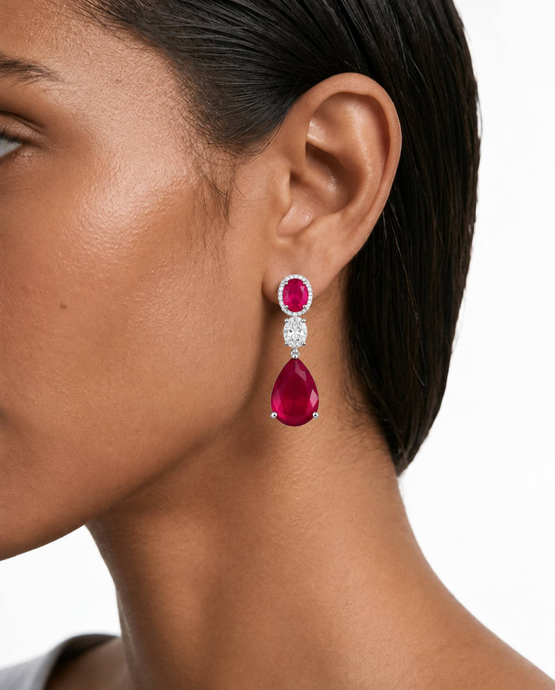 Maharani Vana Ruby Pear Drop Diamond-Like Zircon & Avela Ruby Diamond-Like Zircon Drop Necklace Set (2 Necklaces & 2 Earrings)