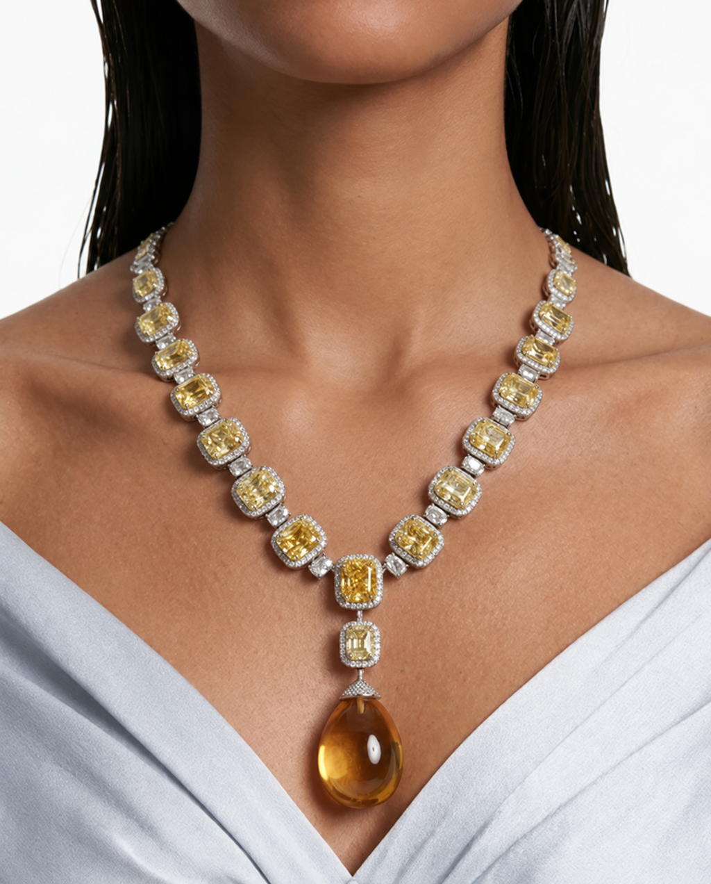 Emerald Cushion gesneden met zirkoondetails en grote smaragdstenen ketting (ketting en oorbellen)