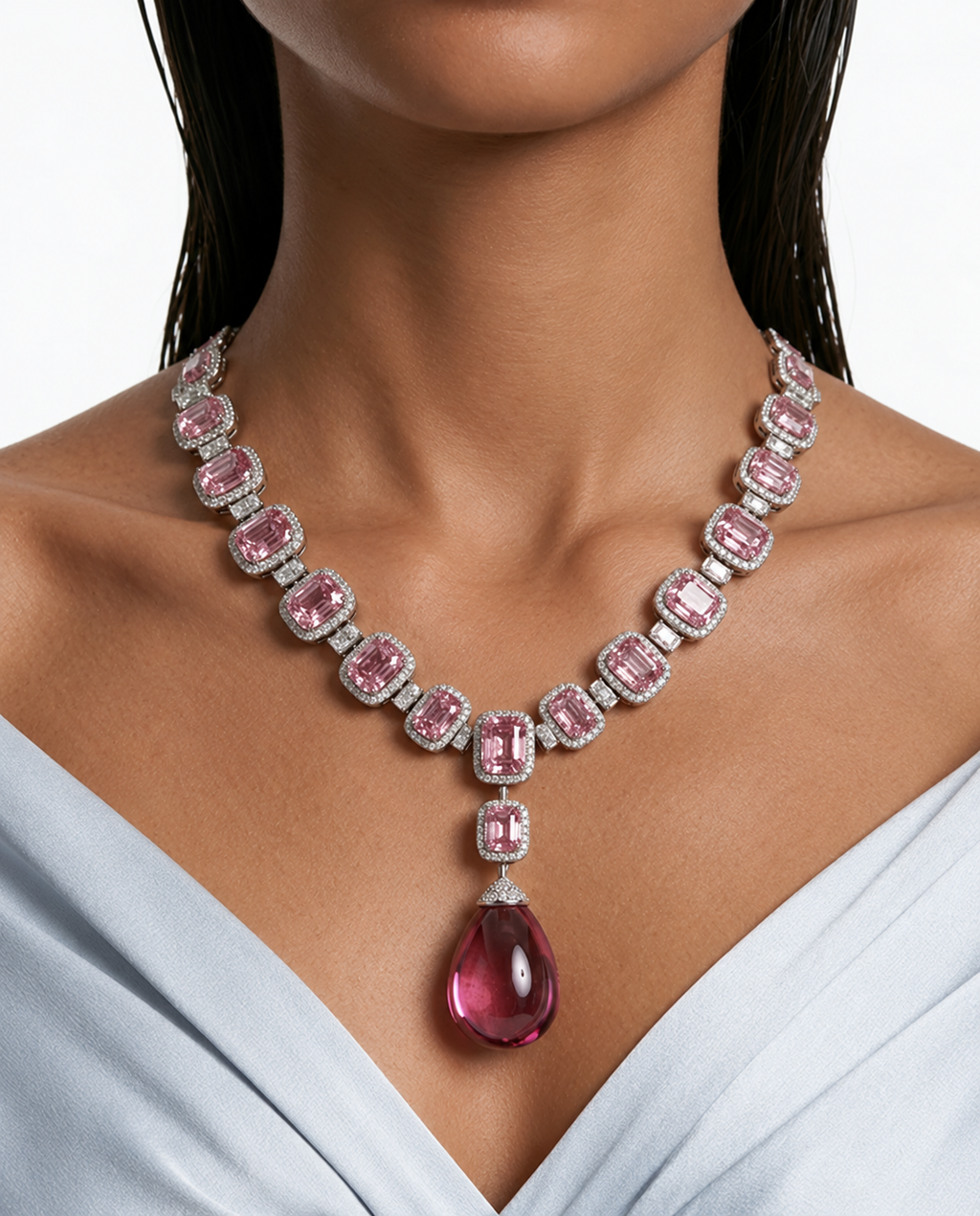 Pink Cushion Cut with Zircon Detailing and Large Pink Stone Necklace Set (Necklace & Earrings)