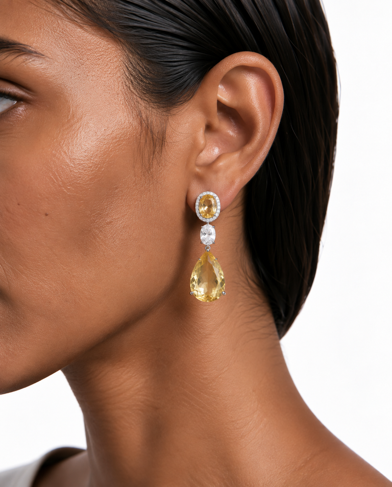 Vana Citrine Pear Drop Diamond-Like Zircon Necklace Set (Necklace & Earrings)