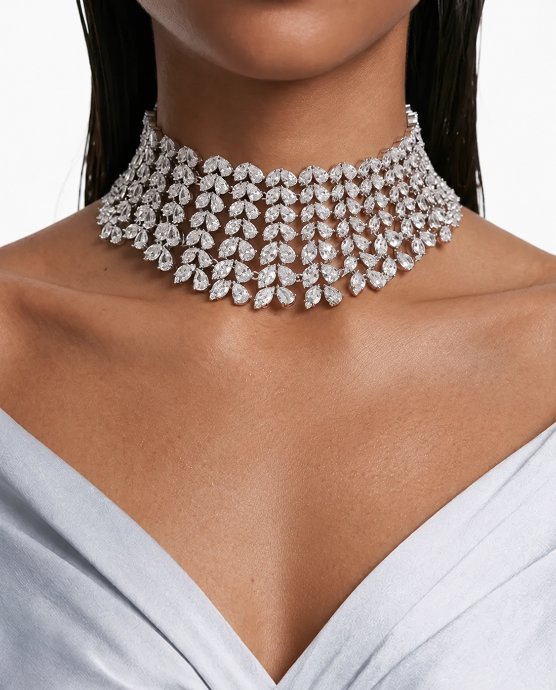 Maharani Heart & Diamond Necklace Set & Mahiba Diamond-Like Zircon Compressed Setting Statement Necklace Set (2 Necklaces & 2 Earrings)