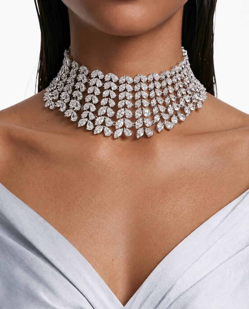 Maharani Heart & Diamond Necklace Set & Mahiba Diamond-Like Zircon Compressed Setting Statement Necklace Set (2 Necklaces & 2 Earrings)