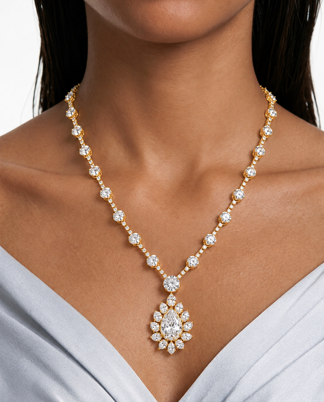 Leena Diamond Teardrop Gold-Tone & Diamond-Like Zircon Pendant Necklace Set – Necklace & Earrings