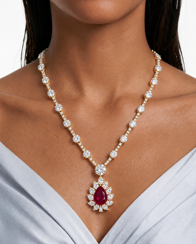 Leena Ruby Teardrop Gold-Tone Diamond-Like Zircon Pendant Necklace Set – Necklace & Earrings