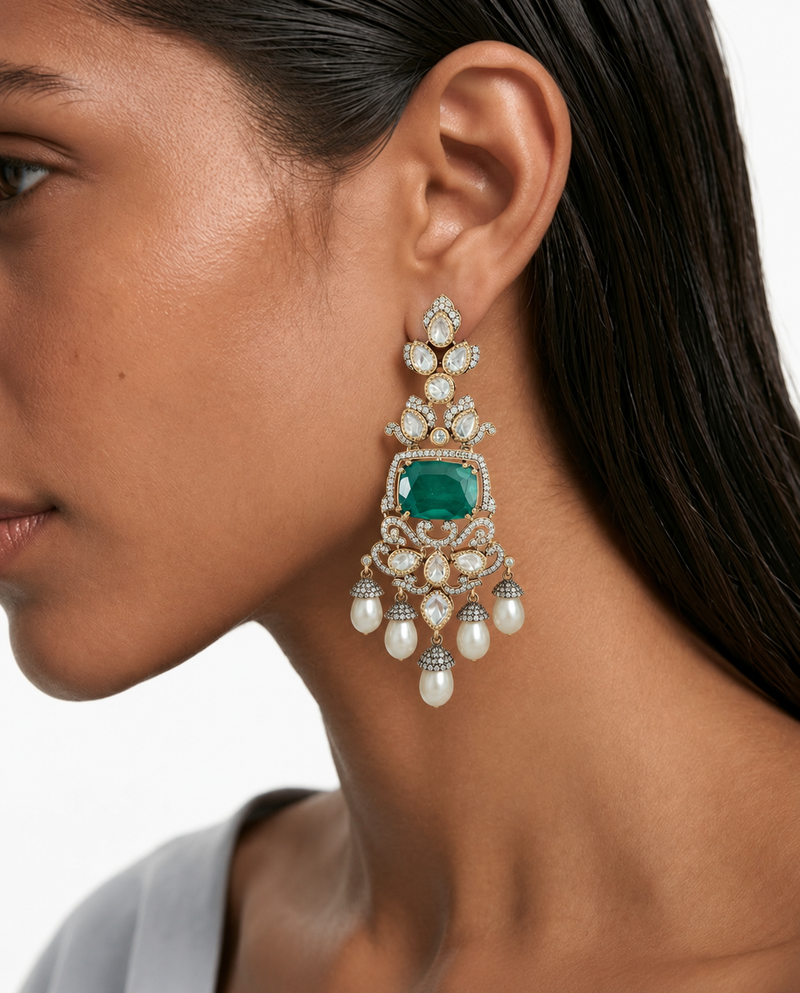 Ensemble de collier Kundan Polki à 3 couches de rubis et de moissanite (collier et boucles d'oreilles)