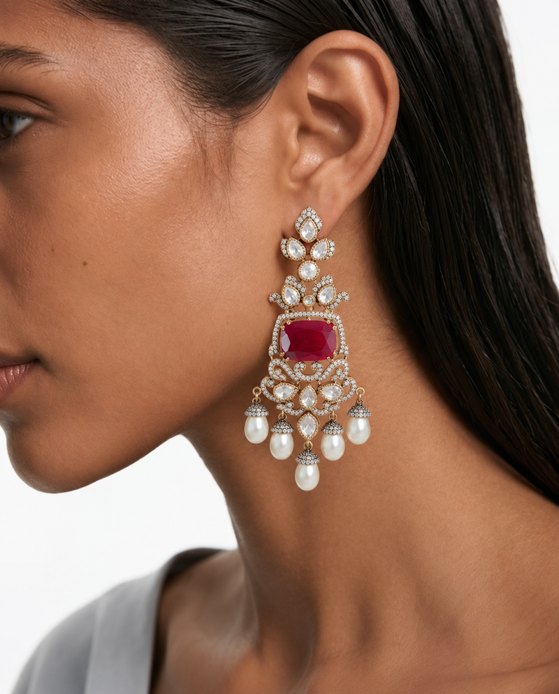 Ensemble de collier Kundan Polki à 3 couches de rubis et de moissanite (collier et boucles d'oreilles)