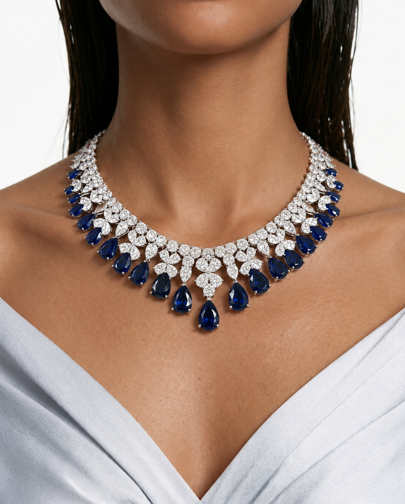 Amora Sapphire Drops Statement & Diamond Like Zircon Necklace Set (Necklace & Earrings)