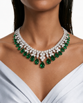 Amora Emerald Drops Statement & Diamond Like Zircon Necklace Set (Necklace & Earrings)