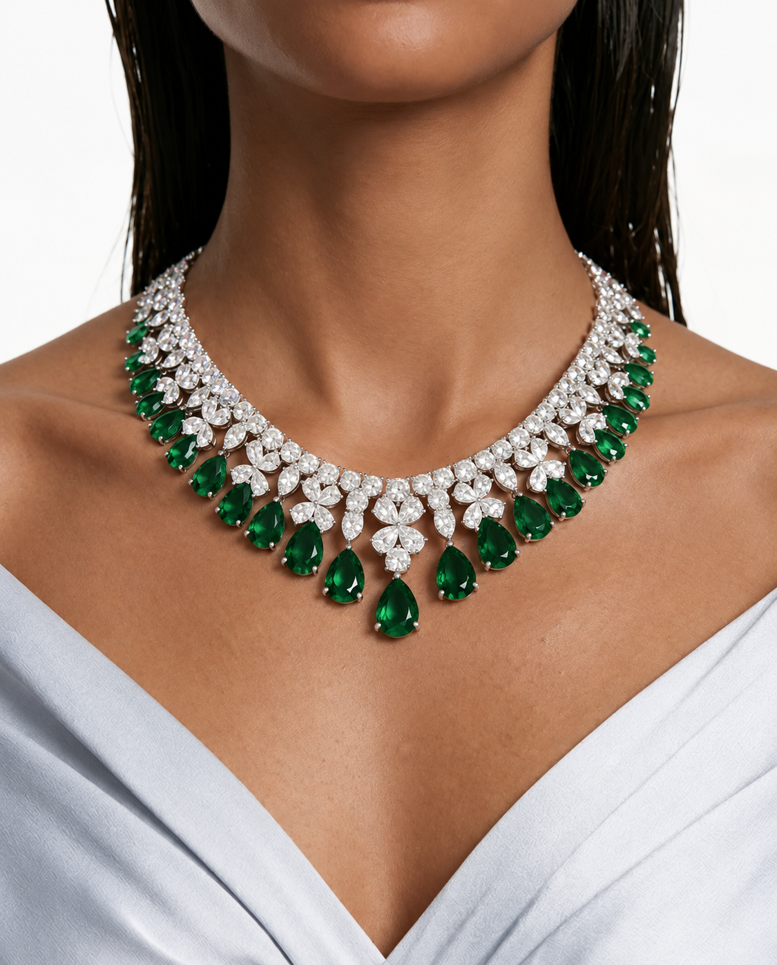 Amora Emerald Drops Statement & Diamond Like Zircon Necklace Set (Necklace & Earrings)
