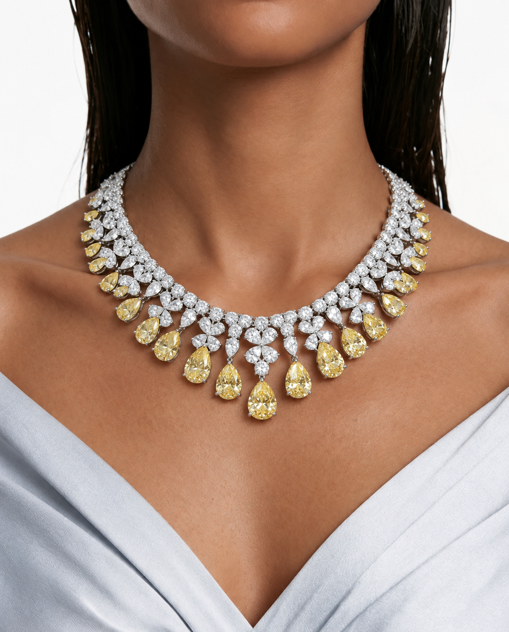 Amora Citrine Drops Statement & Diamond Like Zircon Necklace Set (Necklace & Earrings)