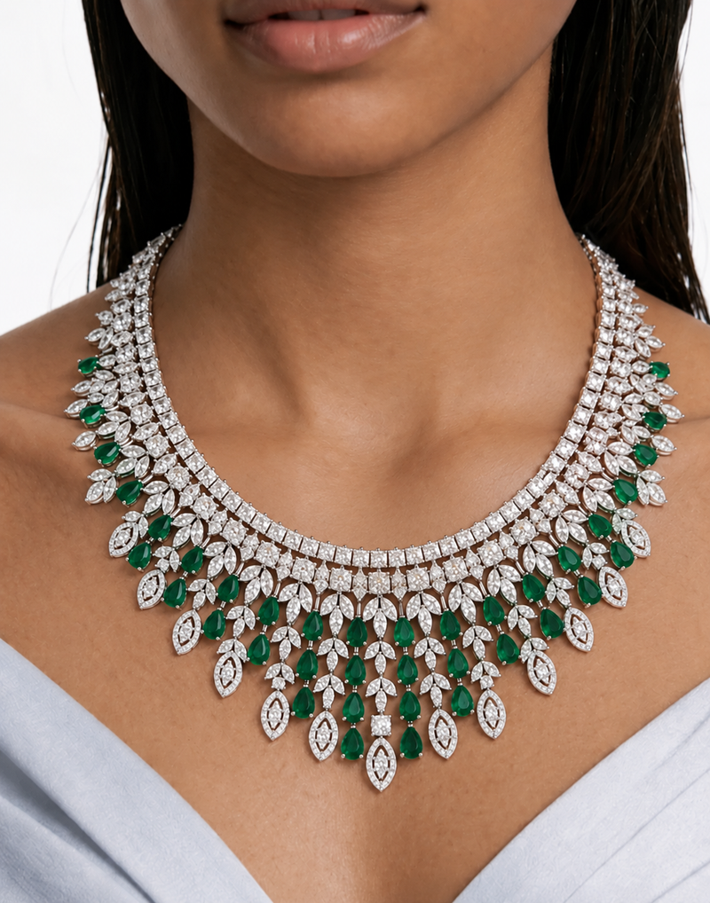 Imperia Emerald And Diamond-Like Zircon Statement Necklace Set (Necklace & Earrings)