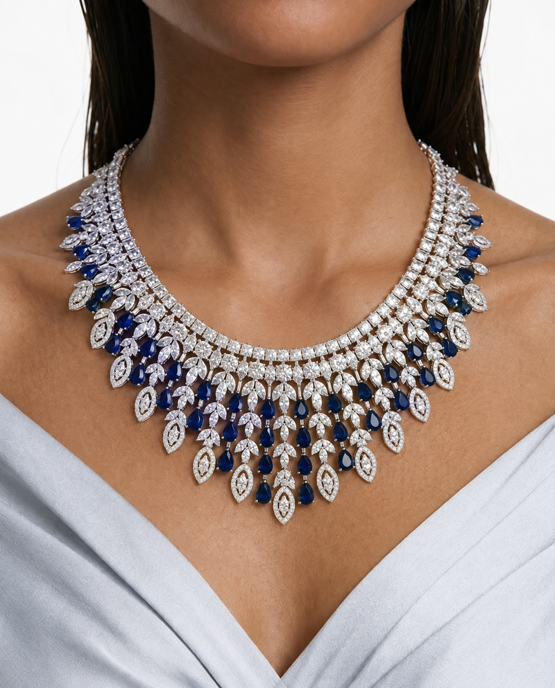 Imperia Sapphire And Diamond-Like Zircon Statement Necklace Set (Necklace & Earrings)