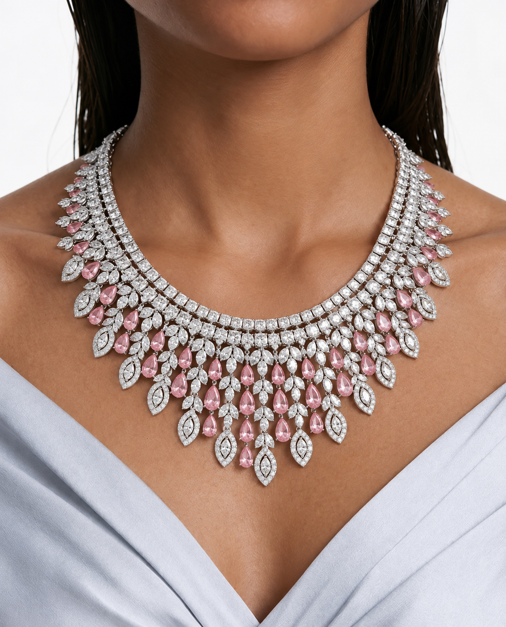 Imperia Pink And Diamond-Like Zircon Statement Necklace Set (Necklace & Earrings)