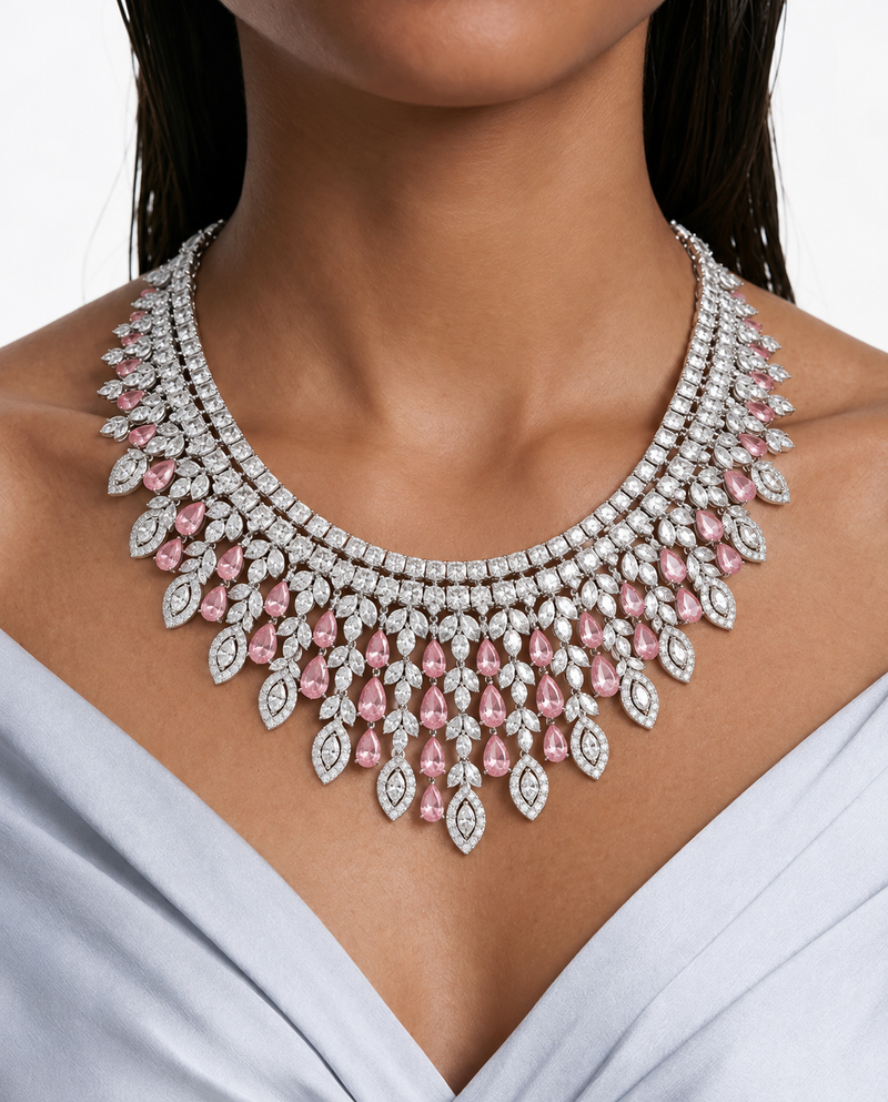 Imperia Pink And Diamond-Like Zircon Statement Necklace Set (Necklace & Earrings)