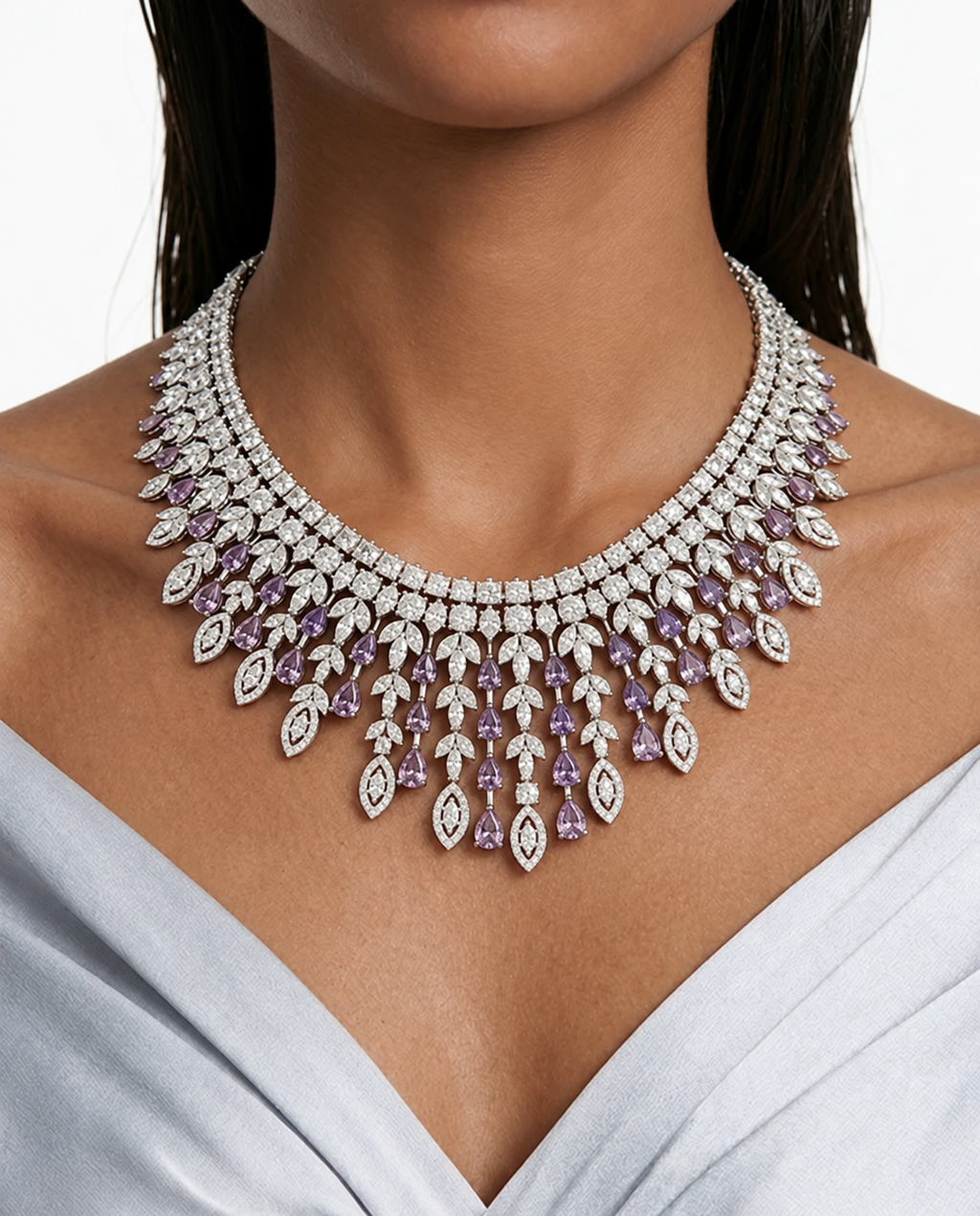 Imperia Purple And Diamond-Like Zircon Statement Necklace Set (Necklace & Earrings)