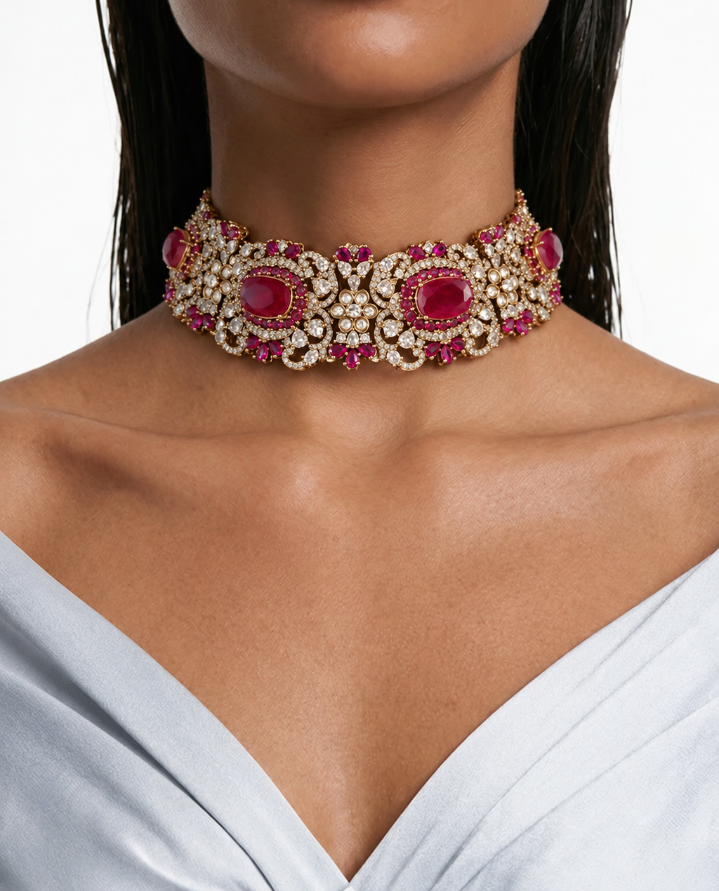Hart- en diamanten kettingset (ketting, mang tika & oorbellen)
