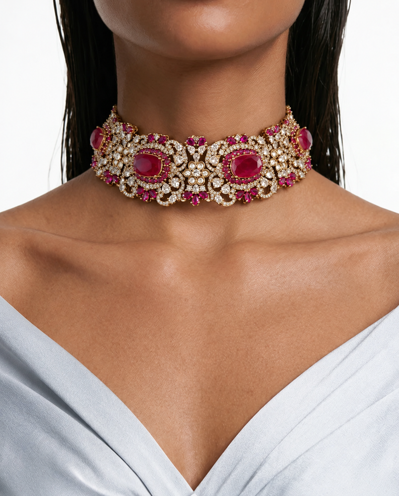 Elina Ruby Moissanite Diamond Polki Kundan Royal Choker Necklace Set (Necklace & Earrings)