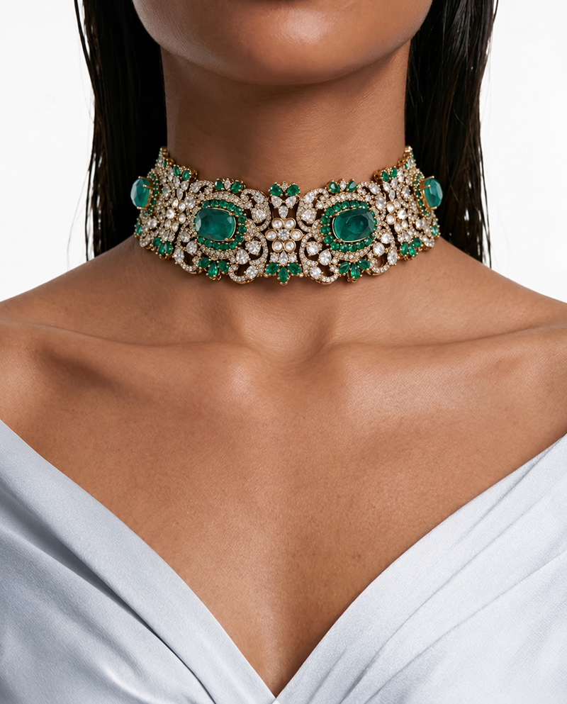 Elina Emerald Moissanite Diamond Polki Kundan Royal Choker Necklace Set (Necklace & Earrings)